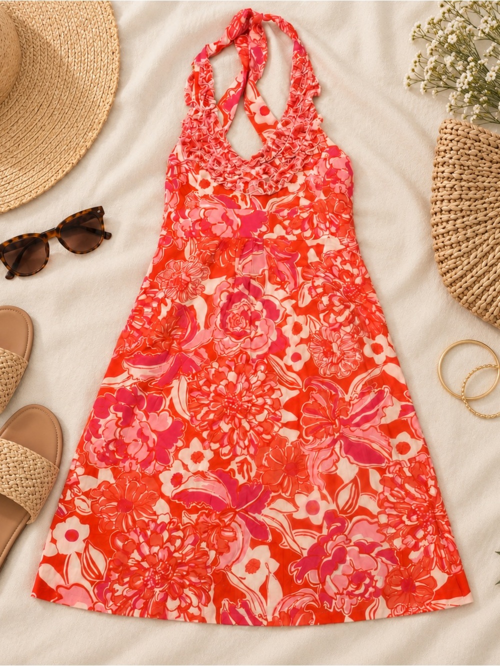 Lilly Pulitzer Pink Orange Floral Halter Dress Ruffle Neck Size 2